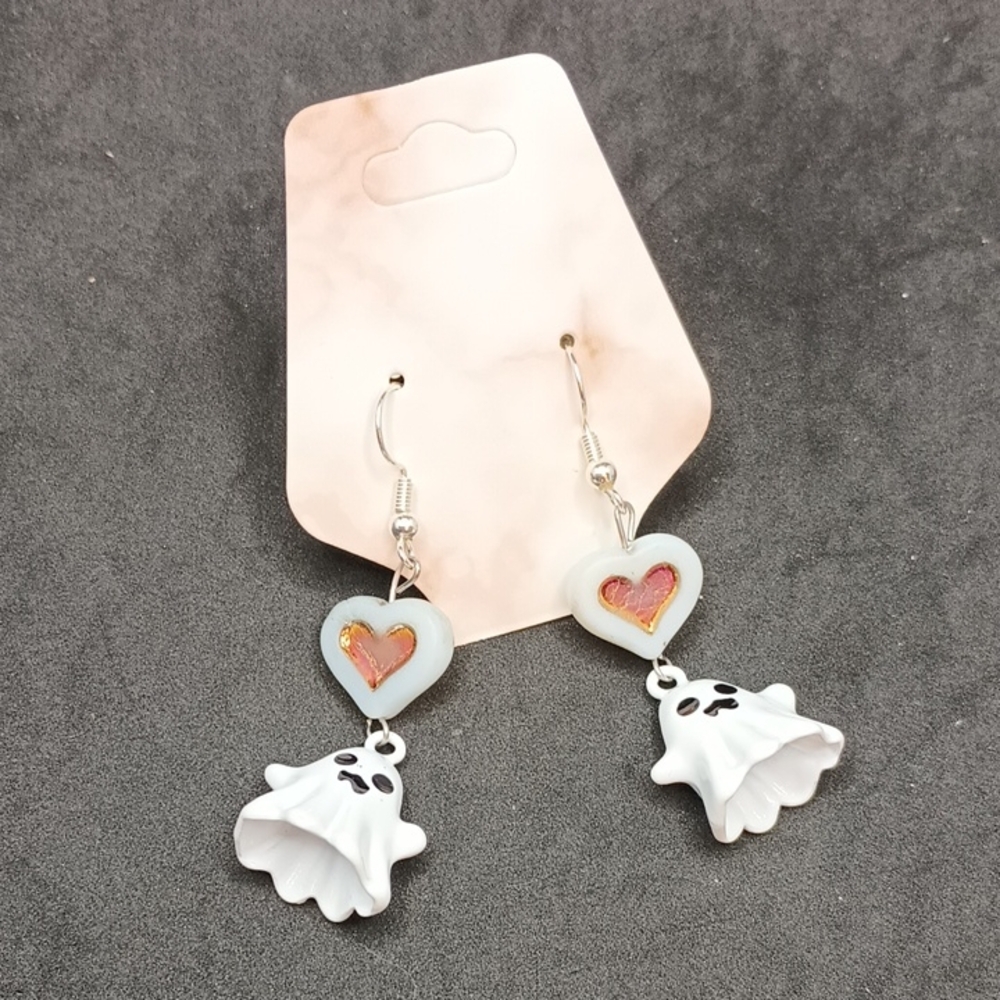 Hand Crafted Ghost Earrings with Heart Accents - White and Red